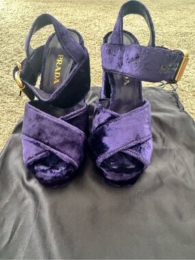 Prada Purple Velvet Platform Heels with Gold Buckle